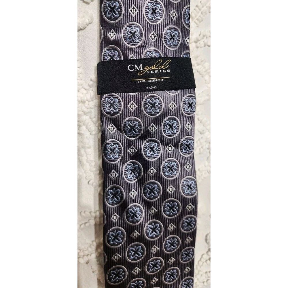 CM Gold Series Silk Tie XLong Length Geometric Floral Navy Wedding Church Formal